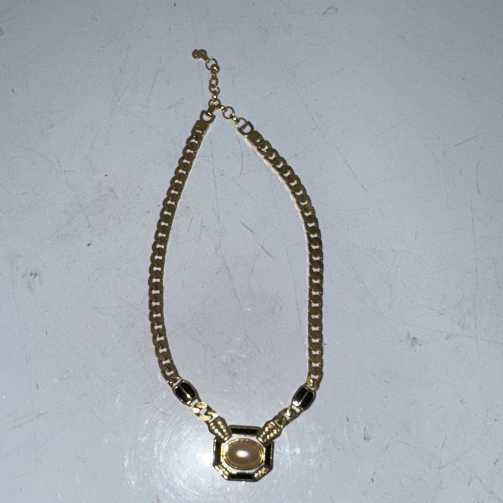 Vintage Christian Dior Elegant Pearl Black Enamel Gold Chain Statement
Necklace